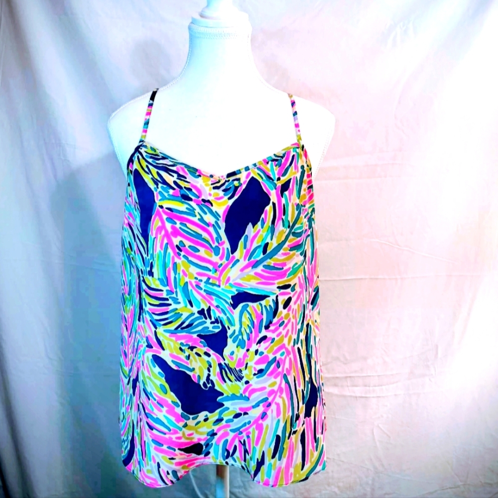 Lilly Pulitzer Small Silk Spaguetti Straps Tank Top Indigo/Tropical Colors